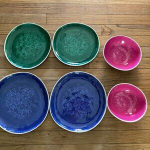 Anthropologie DAKOTA Melamine 6pc Blue Green Pink Plates & Bowls Set - NEW